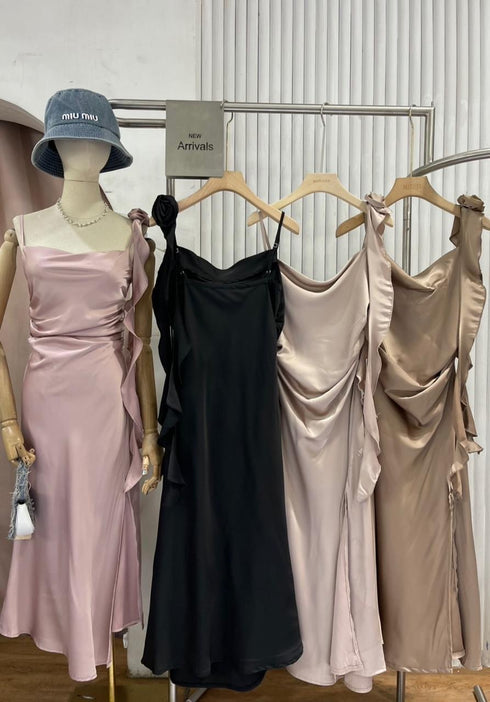 Satin Spaghetti Straps Side Slit Dress